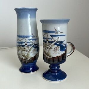 Set Otagiri Pedestal Mug and Vase Seagull Sailboat Seaside Rocky Beach Nautical